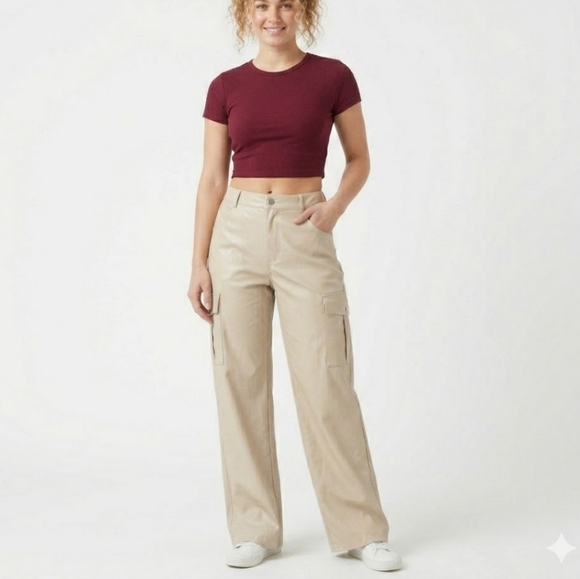 entro Pants - Entro Faux Leather Wide Leg Cargo Pants Beige Cream Size M